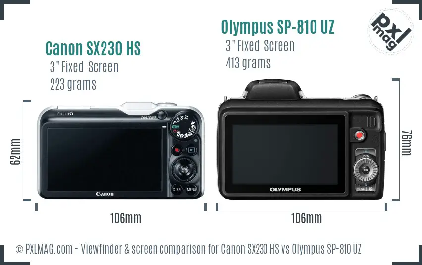 Canon SX230 HS vs Olympus SP-810 UZ Screen and Viewfinder comparison