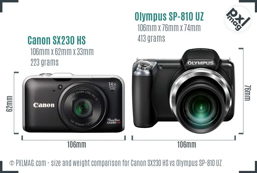 Canon SX230 HS vs Olympus SP-810 UZ size comparison