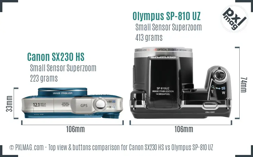 Canon SX230 HS vs Olympus SP-810 UZ top view buttons comparison
