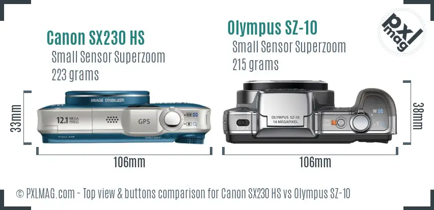Canon SX230 HS vs Olympus SZ-10 top view buttons comparison