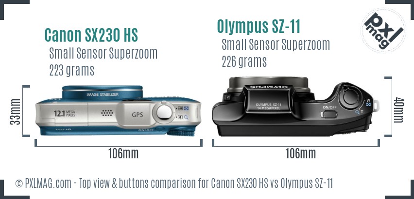 Canon SX230 HS vs Olympus SZ-11 top view buttons comparison