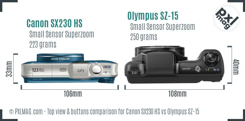 Canon SX230 HS vs Olympus SZ-15 top view buttons comparison