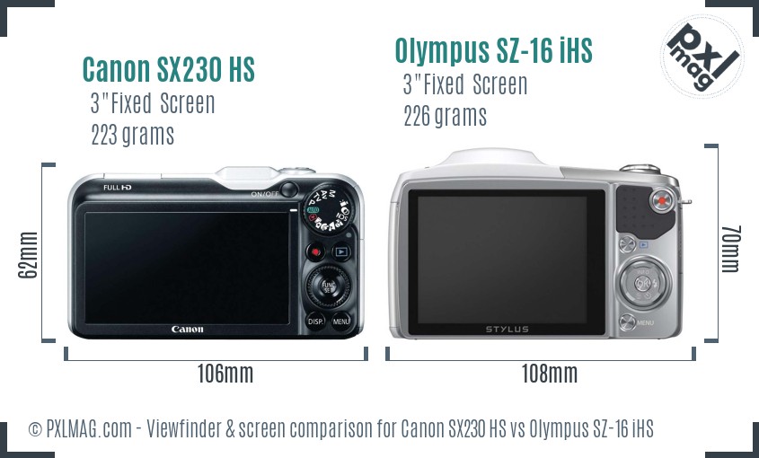 Canon SX230 HS vs Olympus SZ-16 iHS Screen and Viewfinder comparison