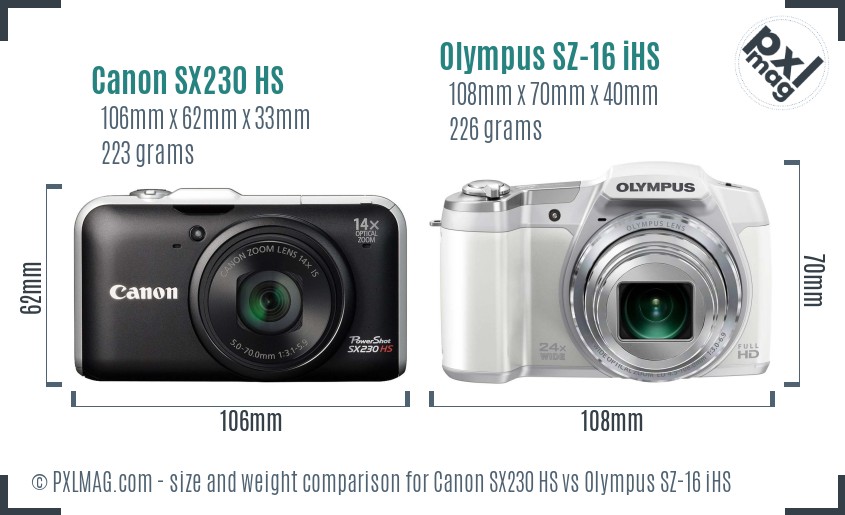 Canon SX230 HS vs Olympus SZ-16 iHS size comparison