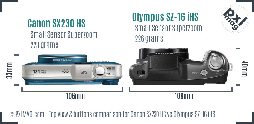 Canon SX230 HS vs Olympus SZ-16 iHS top view buttons comparison