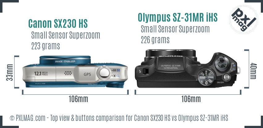 Canon SX230 HS vs Olympus SZ-31MR iHS top view buttons comparison