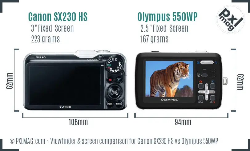 Canon SX230 HS vs Olympus 550WP Screen and Viewfinder comparison