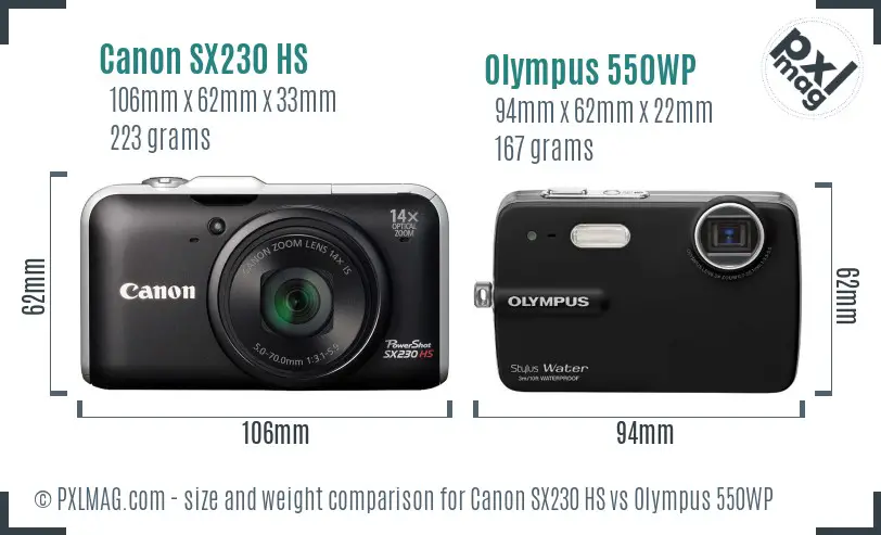 Canon SX230 HS vs Olympus 550WP size comparison