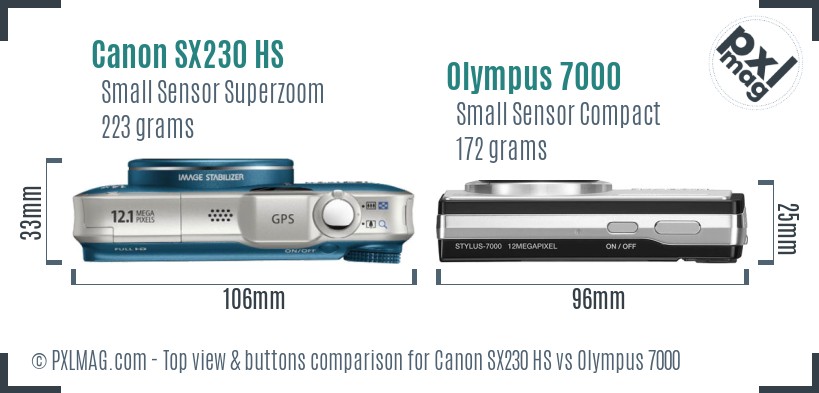 Canon SX230 HS vs Olympus 7000 top view buttons comparison