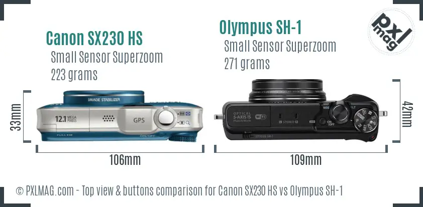 Canon SX230 HS vs Olympus SH-1 top view buttons comparison Canon SX230 HS vs Olympus SH-1 top view buttons comparison
