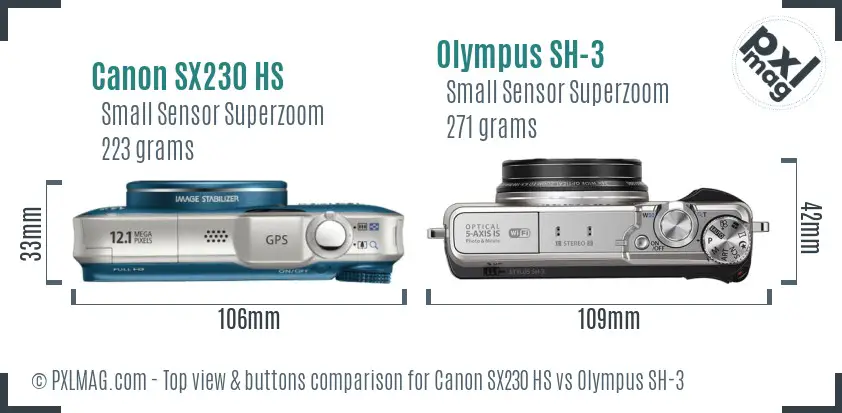 Canon SX230 HS vs Olympus SH-3 top view buttons comparison Canon SX230 HS vs Olympus SH-3 top view buttons comparison