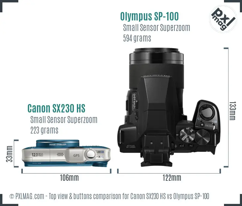 Canon SX230 HS vs Olympus SP-100 top view buttons comparison