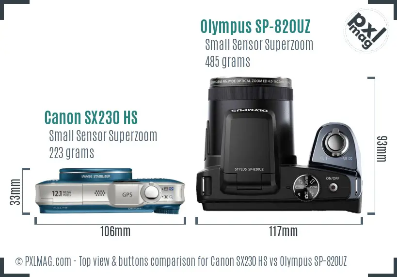 Canon SX230 HS vs Olympus SP-820UZ top view buttons comparison