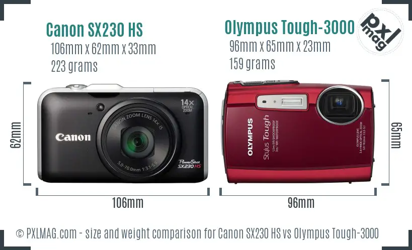 Canon SX230 HS vs Olympus Tough-3000 size comparison