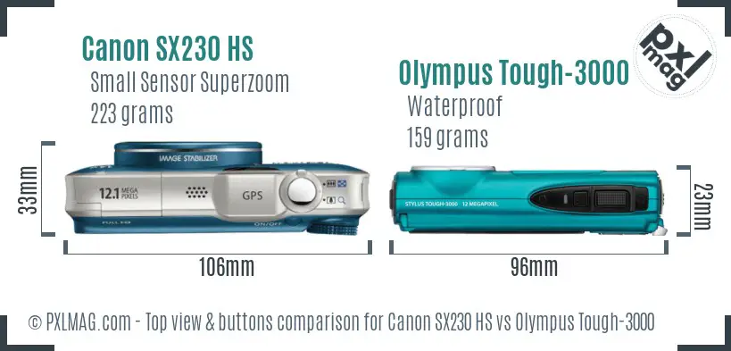Canon SX230 HS vs Olympus Tough-3000 top view buttons comparison