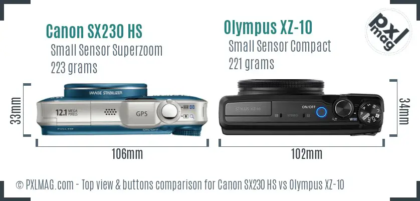 Canon SX230 HS vs Olympus XZ-10 top view buttons comparison Canon SX230 HS vs Olympus XZ-10 top view buttons comparison
