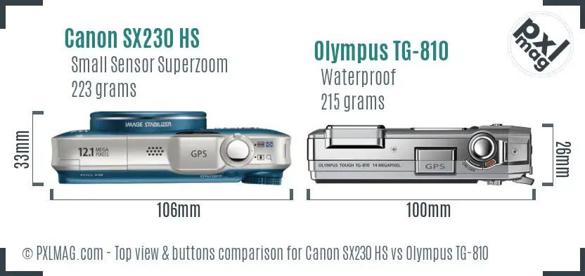 Canon SX230 HS vs Olympus TG-810 top view buttons comparison