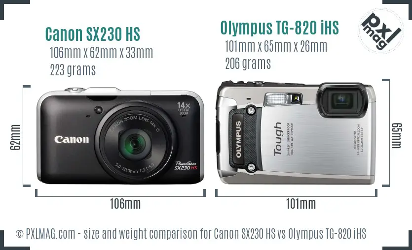 Canon SX230 HS vs Olympus TG-820 iHS size comparison