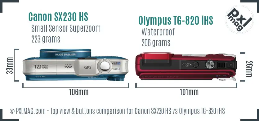 Canon SX230 HS vs Olympus TG-820 iHS top view buttons comparison