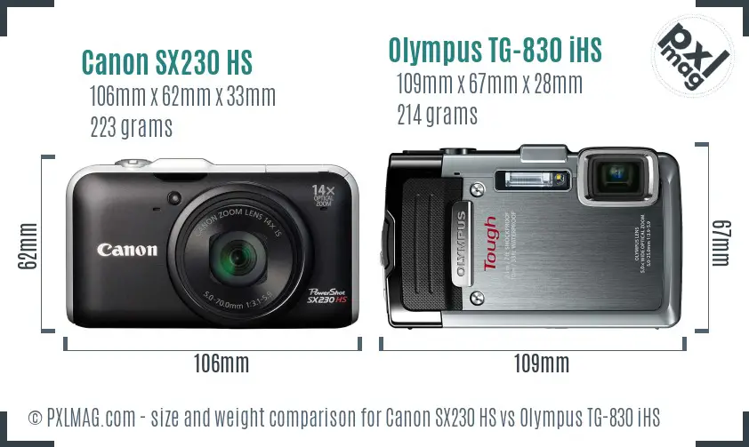 Canon SX230 HS vs Olympus TG-830 iHS size comparison Canon SX230 HS vs Olympus TG-830 iHS size comparison