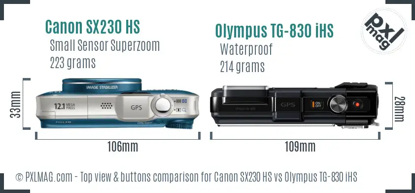Canon SX230 HS vs Olympus TG-830 iHS top view buttons comparison