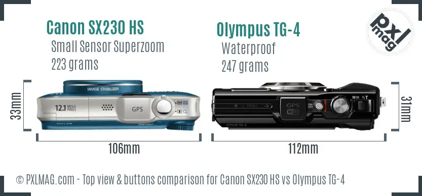Canon SX230 HS vs Olympus TG-4 top view buttons comparison Canon SX230 HS vs Olympus TG-4 top view buttons comparison