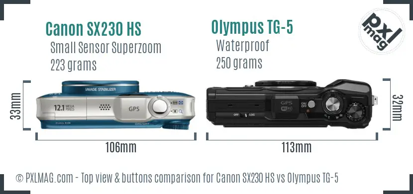 Canon SX230 HS vs Olympus TG-5 top view buttons comparison Canon SX230 HS vs Olympus TG-5 top view buttons comparison