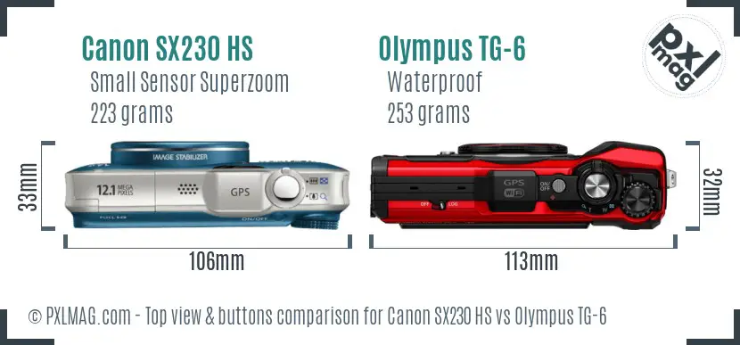 Canon SX230 HS vs Olympus TG-6 top view buttons comparison Canon SX230 HS vs Olympus TG-6 top view buttons comparison