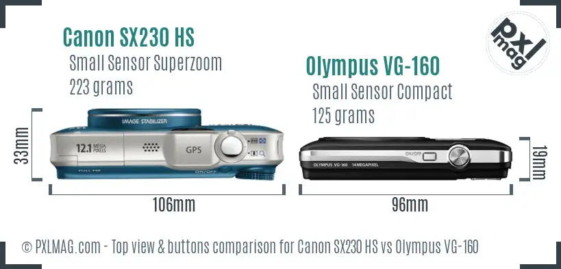 Canon SX230 HS vs Olympus VG-160 top view buttons comparison Canon SX230 HS vs Olympus VG-160 top view buttons comparison