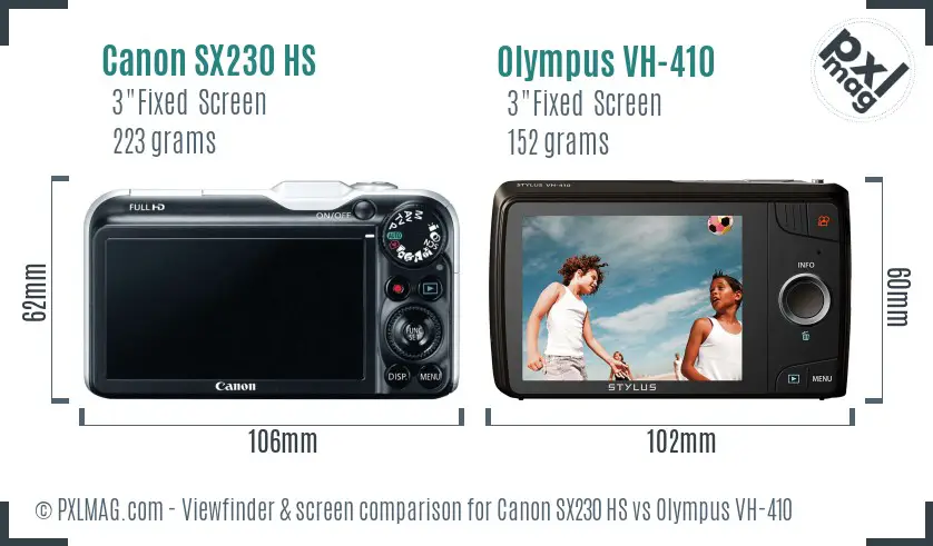 Canon SX230 HS vs Olympus VH-410 Screen and Viewfinder comparison