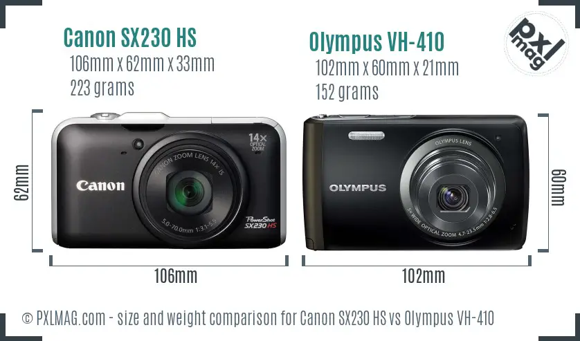 Canon SX230 HS vs Olympus VH-410 size comparison