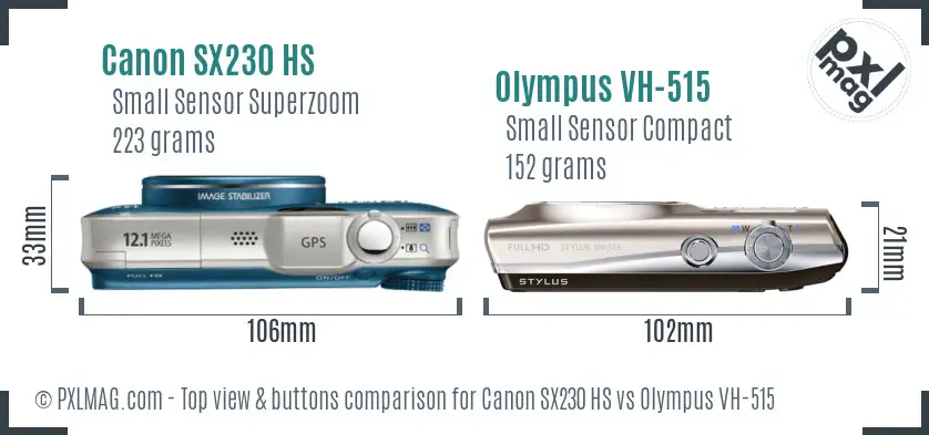 Canon SX230 HS vs Olympus VH-515 top view buttons comparison Canon SX230 HS vs Olympus VH-515 top view buttons comparison