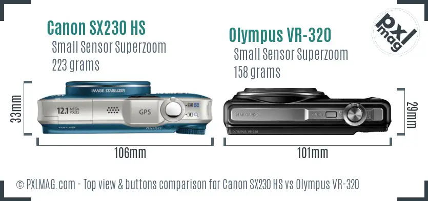 Canon SX230 HS vs Olympus VR-320 top view buttons comparison