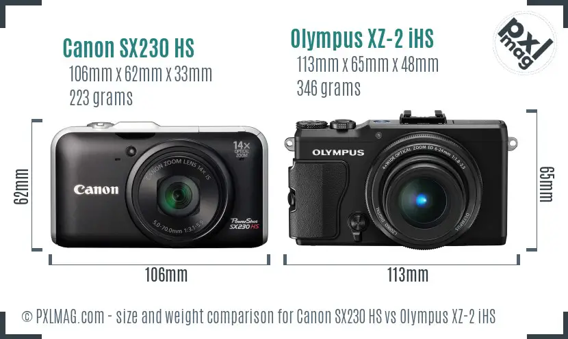 Canon SX230 HS vs Olympus XZ-2 iHS size comparison