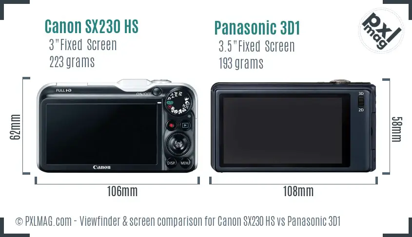 Canon SX230 HS vs Panasonic 3D1 Screen and Viewfinder comparison