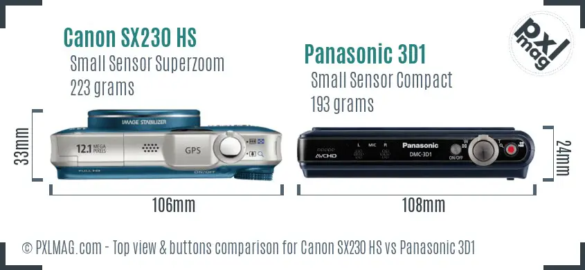 Canon SX230 HS vs Panasonic 3D1 top view buttons comparison