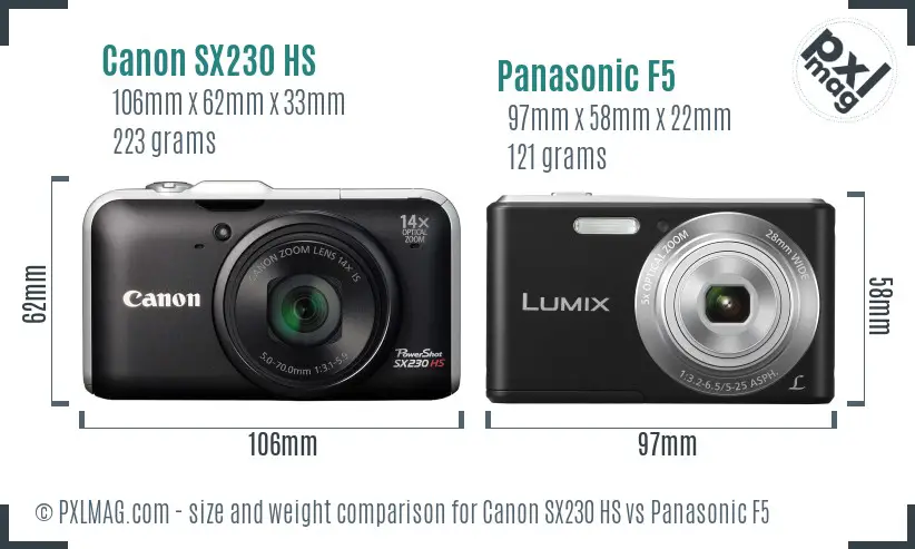 Canon SX230 HS vs Panasonic F5 size comparison