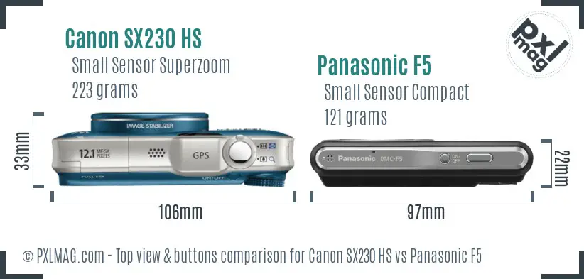 Canon SX230 HS vs Panasonic F5 top view buttons comparison