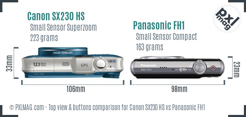 Canon SX230 HS vs Panasonic FH1 top view buttons comparison