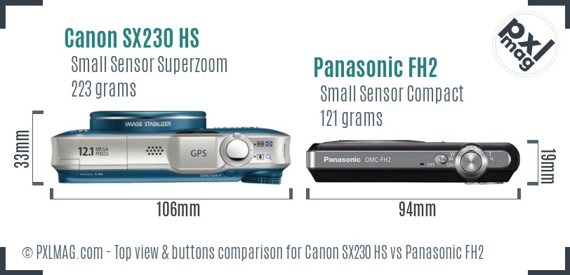 Canon SX230 HS vs Panasonic FH2 top view buttons comparison