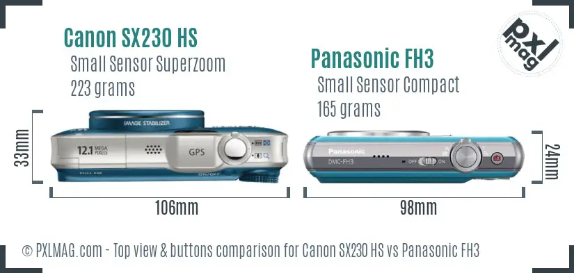 Canon SX230 HS vs Panasonic FH3 top view buttons comparison