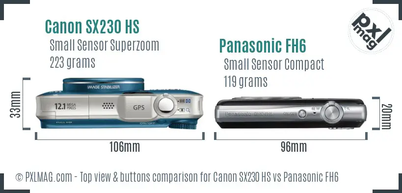 Canon SX230 HS vs Panasonic FH6 top view buttons comparison Canon SX230 HS vs Panasonic FH6 top view buttons comparison