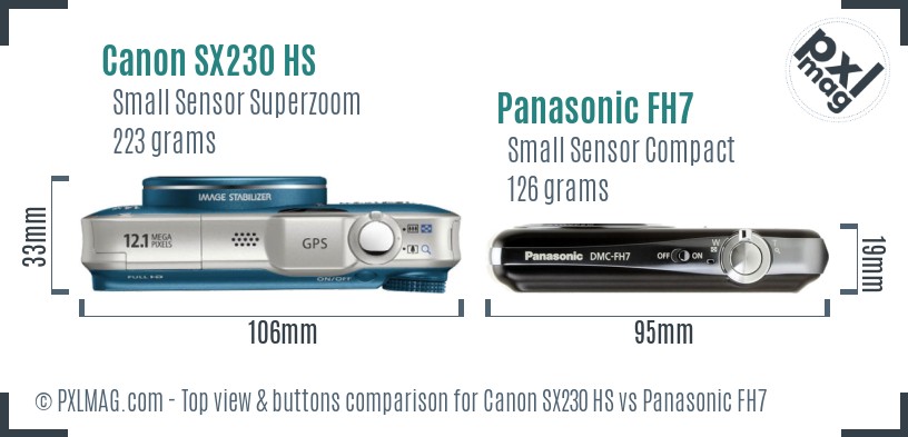 Canon SX230 HS vs Panasonic FH7 top view buttons comparison