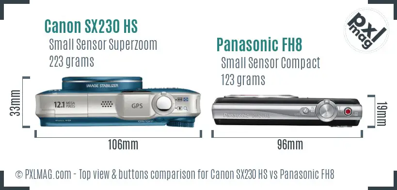 Canon SX230 HS vs Panasonic FH8 top view buttons comparison Canon SX230 HS vs Panasonic FH8 top view buttons comparison