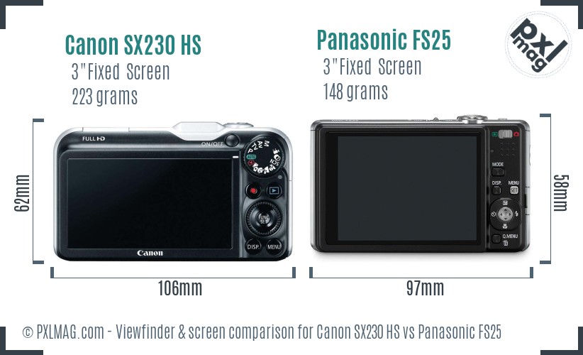 Canon SX230 HS vs Panasonic FS25 Screen and Viewfinder comparison
