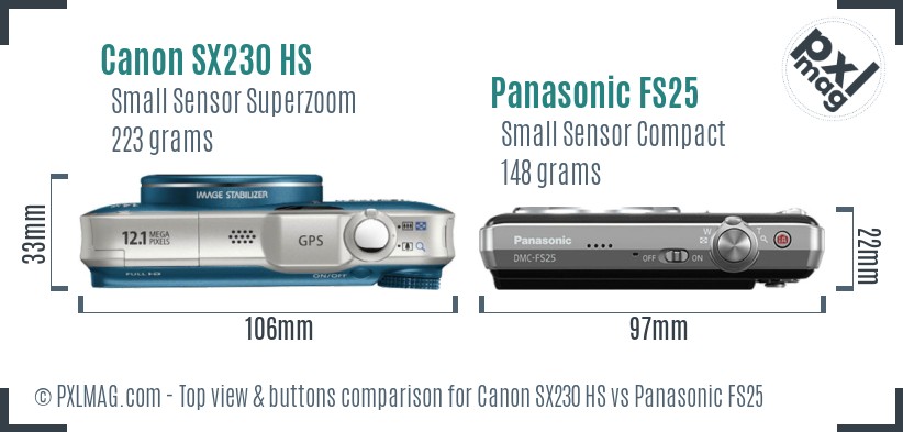 Canon SX230 HS vs Panasonic FS25 top view buttons comparison