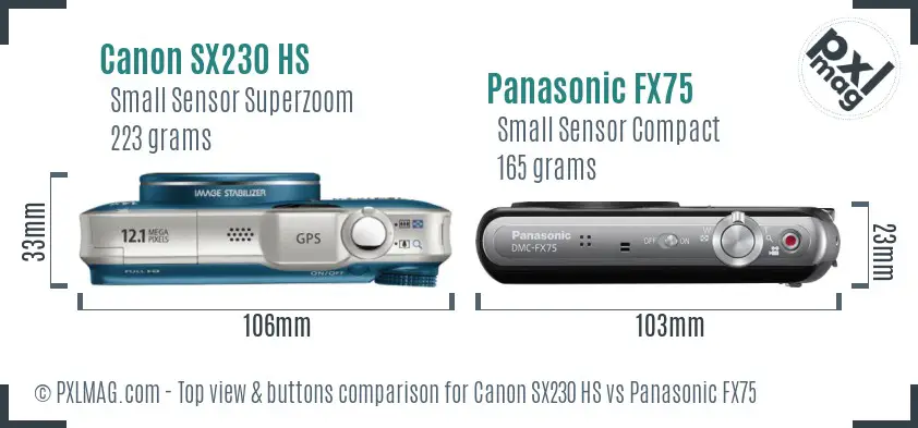 Canon SX230 HS vs Panasonic FX75 top view buttons comparison Canon SX230 HS vs Panasonic FX75 top view buttons comparison