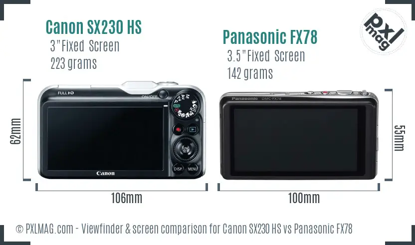 Canon SX230 HS vs Panasonic FX78 Screen and Viewfinder comparison