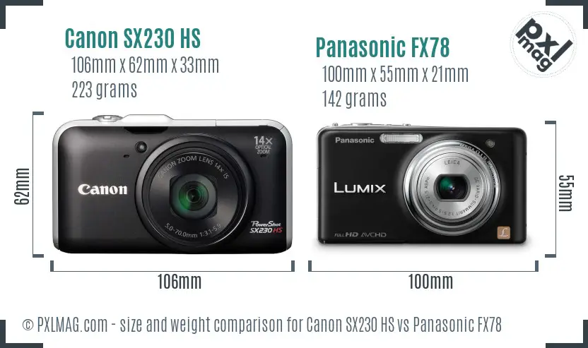 Canon SX230 HS vs Panasonic FX78 size comparison