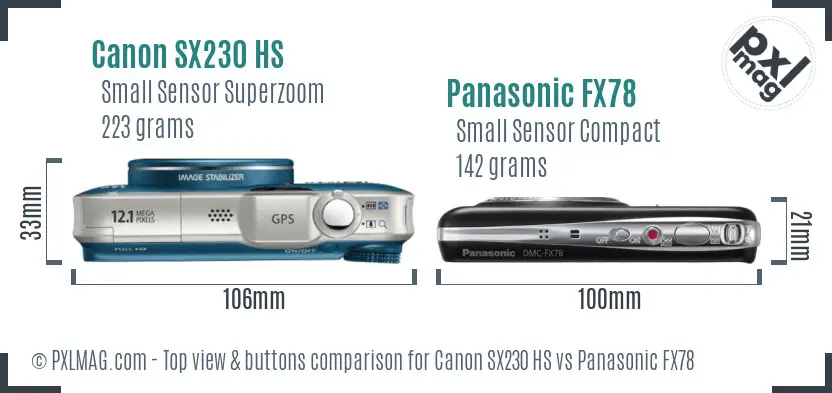 Canon SX230 HS vs Panasonic FX78 top view buttons comparison